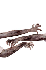 The zombies hand with wounds and blood try to reach something isolated over a white background. Zombie, devil, evil, satan, or monster hand. Concept of Halloween or Horror