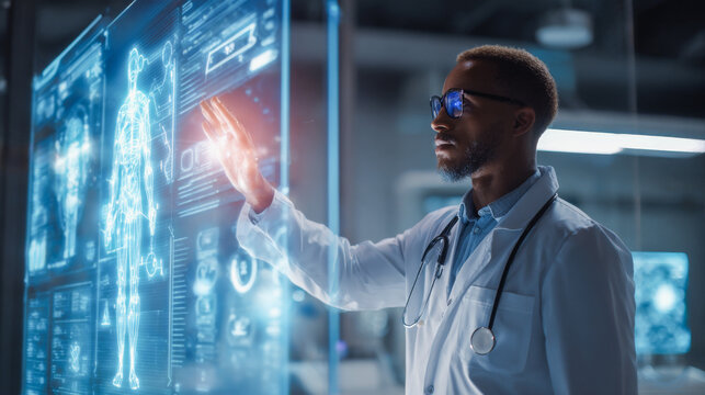African man doctor work on virtual hologram medical patient information - Futuristic technology and health care concept - Model by AI generative