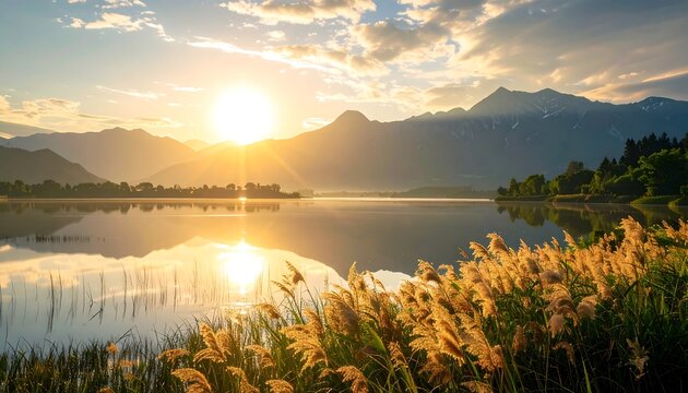 Serene lake sunset over mountains
