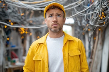 Concerned worker in a yellow jacket and cap looking up nervously at a chaotic tangle of electrical wires.
