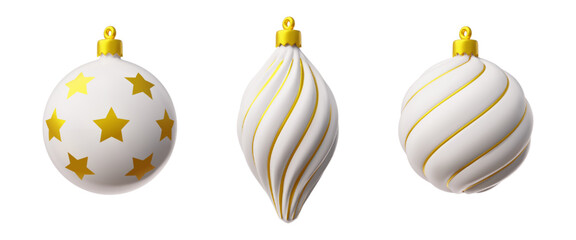 Christmas tree ball toy decorations vector set, glossy festive holiday white and golden ornamental balls collection