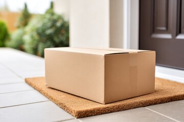 A generic delivery package rests on a coir doormat outside a residential doorway.
