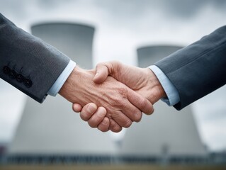 Two businessmen shake hands against the backdrop of industrial cooling towers, symbolizing a major energy agreement.