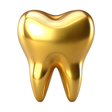 Shiny golden molar tooth symbol with reflective surface, cutout, PNG isolated on white or transparent background
