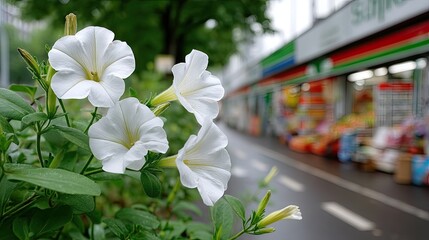 Hanging basket filled with vibrant white petunias in a greenhouse environment during daytime
