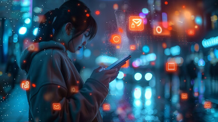 Young woman using smartphone with glowing social media icons in night city lights