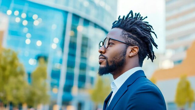 A contemplative Black gentleman with dreadlock hair and refined eyewear, dressed in Sharp suit, observing urbExpanse with Thoughtful demeanor