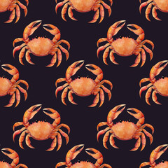 Seamless pattern with red crabs painted in watercolor. dark background. Perfect for seafood packaging, kids design, summer decorations, beach-themed projects, fabric and wrapping paper.