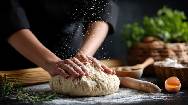 Chef prepares dough by sprinkling flour over a kneaded mixture on a kitchen counter during a culinary session at a cooking school