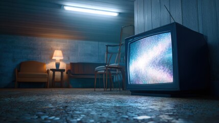 Vintage basement scene with flickering light, old TV static and retro eerie atmosphere.