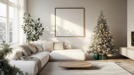Cozy Minimalist Living Room with Christmas Tree and Natural Light