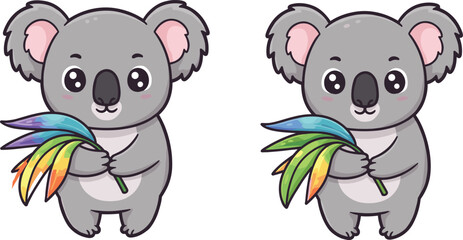 Cartoon koalas holding rainbow leaves, colorful animal vector illustration, cute wildlife character design for children, playful stock art content
