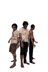 Fototapeta premium Portrait of three Indonesian southeast asian scary male zombies with wounds and blood on their bodies isolated over a white background. Spooky expression. Concept of Halloween or Horror
