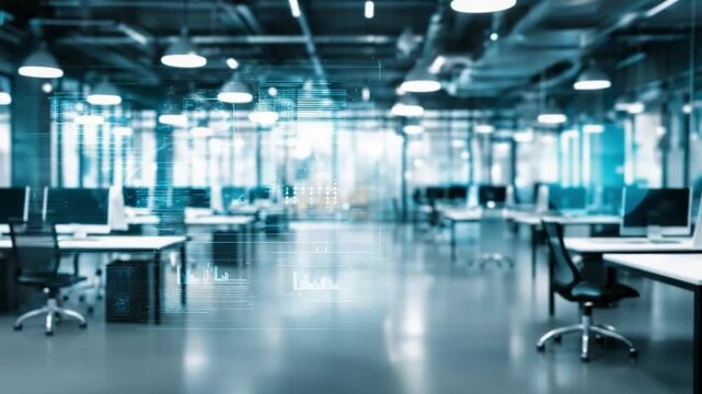 An empty modern open-plan office with rows of desks, chairs and computers under bright overhead lights.