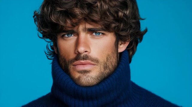 Captivating close-up of man's face, featuring striking azure eyes, rich curly hair and subtle stubble, set against Serene blue hue