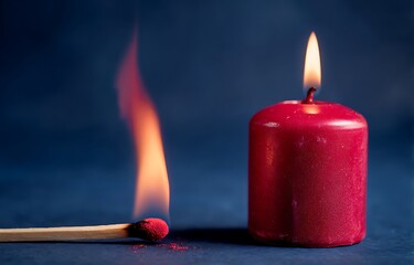 Close-up of red candle burning on dark blue background, close up of red lit candle flame