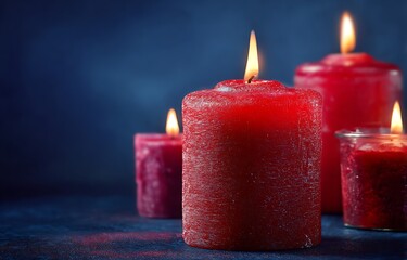 Close-up of red candle burning on dark blue background, close up of red lit candle flame