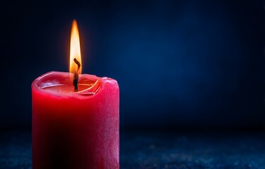 Close-up of red candle burning on dark blue background, close up of red lit candle flame