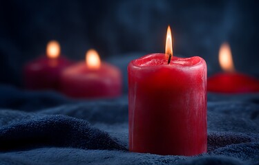 Close-up of red candle burning on dark blue background, close up of red lit candle flame