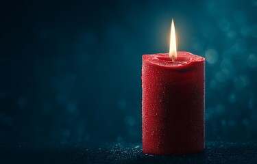 Close-up of red candle burning on dark blue background, close up of red lit candle flame