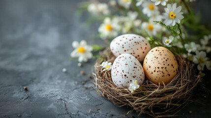 Obraz premium Easter Nest with Speckled Eggs and Daisies on Dark Background