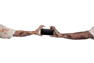 The zombies hand with wounds and blood holding a cellphone isolated over a white background. Zombie, devil, evil, satan, or monster hand. Mockup or Copy space. Concept of Halloween or Horror