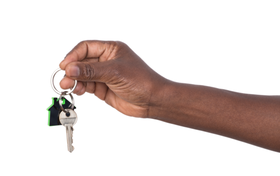Hand holding a key to a house or an apartament isolated on white or transparent background