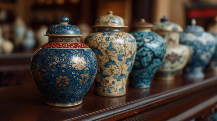 Elegant Ancient Chinese Porcelain Vases Displayed on Wood Table Rich Color