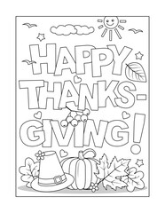 "Happy Thanksgiving!" greeting coloring page, poster, sign, card or banner black and white activity sheet 
