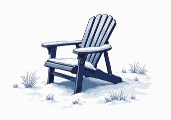 Wooden deck chair covered in snow, surrounded by soft white snow and sparse grass, creating a serene winter scene with a tranquil atmosphere and inviting ambiance