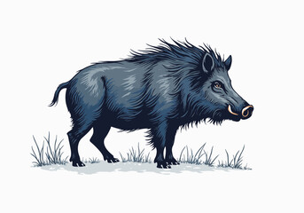 Wild boar standing in snow-covered landscape, showcasing its thick fur and tusks, surrounded by winter scenery, embodying the essence of wildlife in cold environments