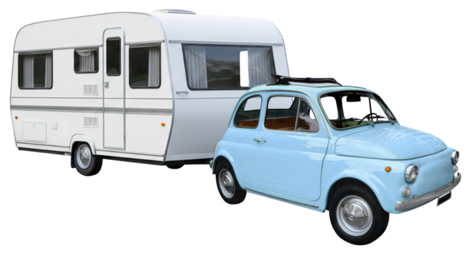 small vintage hatchback towing a caravan, isolated on transparent background.