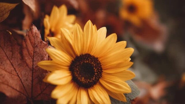 A yellow sunflower with a dark center sits among autumn leaves.