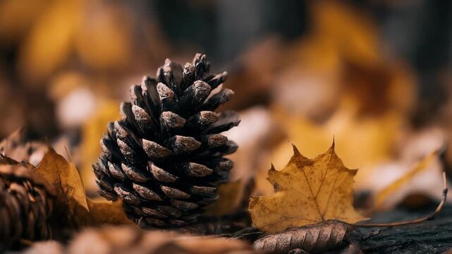A pine cone resting among brown autumn leaves on the forest floor with a softly blurred background.