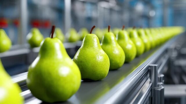 Green pears on a conveyor belt in a fruit processing line.