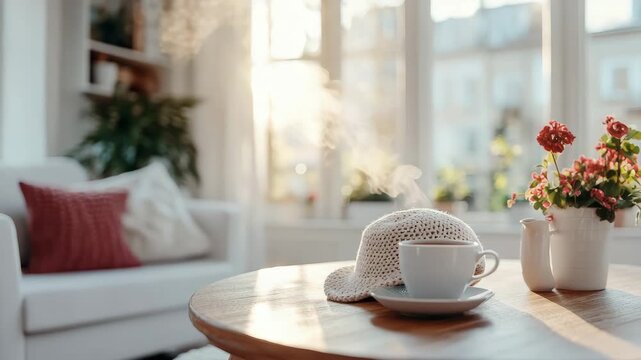 Comforting warmth in Sun-drenched living space, featuring hot beverage, casual hat and cheerful red blossoms