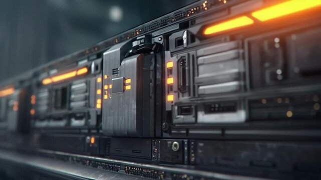 Close-up of a data center server rack with blade servers and orange status LEDs.