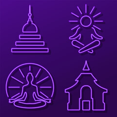buddhism group of neon icons, vector illustration, on a black background.
