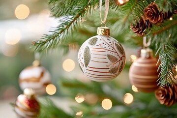 Fototapeta premium Minimalist christmas tree decor with rustic wooden ornaments