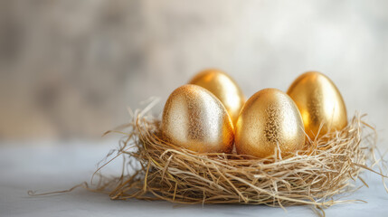 Fototapeta premium Golden Easter Eggs Nest on Soft Background