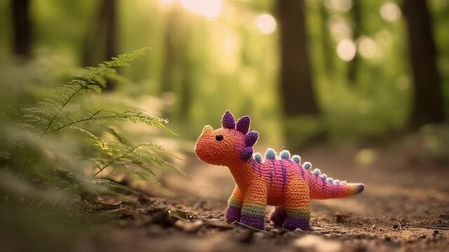 A colorful knitted dinosaur toy stands on a sunlit forest path.