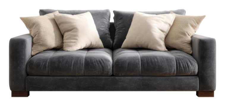 Cozy living room sofa with pillows home furniture front view isolated on transparent background