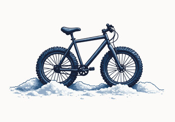 Black bike with snow tires resting on a snowy surface, showcasing winter cycling, surrounded by a serene winter landscape, perfect for outdoor adventure enthusiasts