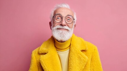 Cheerful elderly man dressed in a bright yellow coat and turtleneck, stands against a pink backdrop, radiating happiness and contemporary style with a warm smile