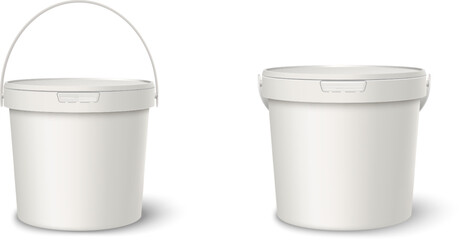 Realistic plastic container buckets with lid and handle for ice cream, jam and other products package, vector 3D mock up