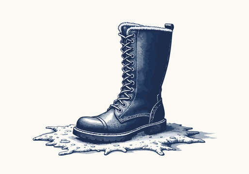 Winter boot resting in icy puddle, showcasing detailed laces and texture, surrounded by a frosty environment, emphasizing the cold season concept and footwear design