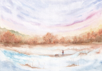 Early spring rural landscape A girl walks with her dog on a path through snowdrifts on an early spring morning against the backdrop of leafless trees and a sky watercolor painting