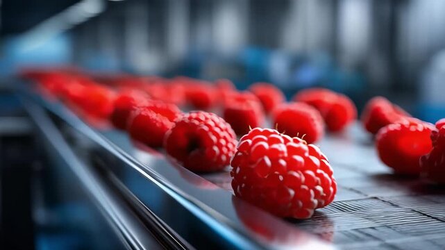 Red raspberries on a conveyor belt in a fruit processing plant.
