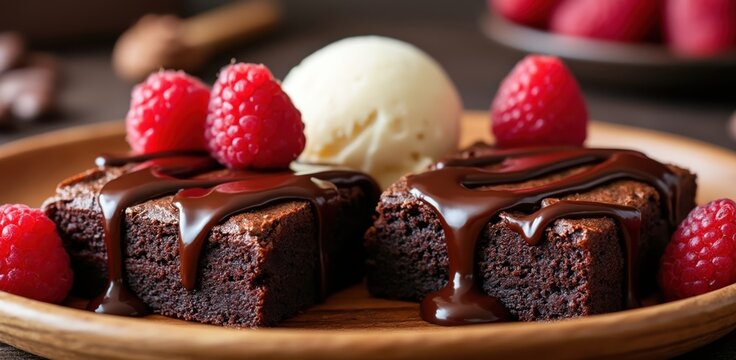 Decadent chocolate brownies topped with fresh raspberries and vanilla ice cream