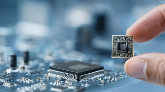 A hand holds a small semiconductor microchip above a circuit board, about to install an integrated circuit.